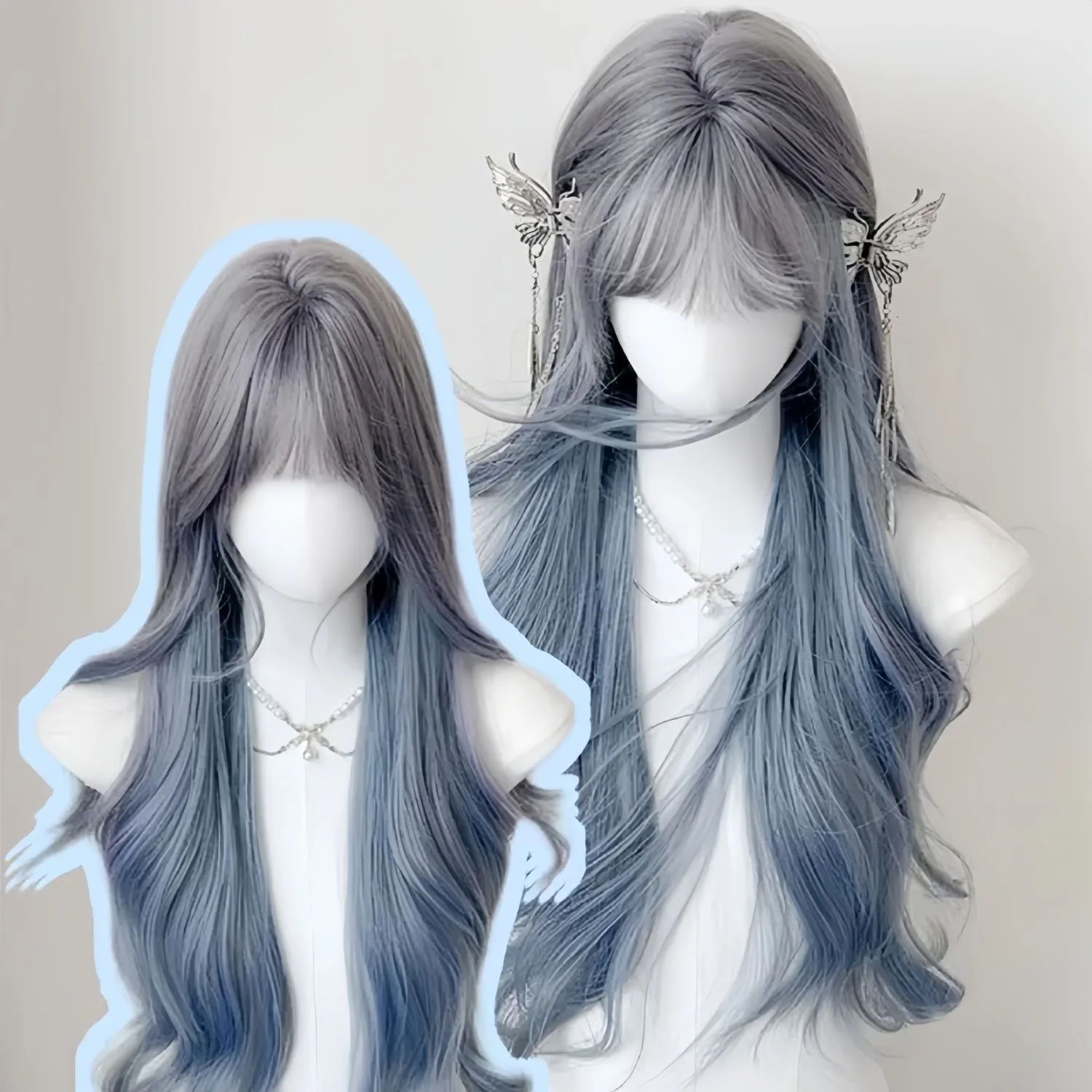 Synthetic Long Wavy Wig with Air Bangs Natural Look Blue Purple Full Head Hairpiece for Women Daily Party Cosplay Fashion Style