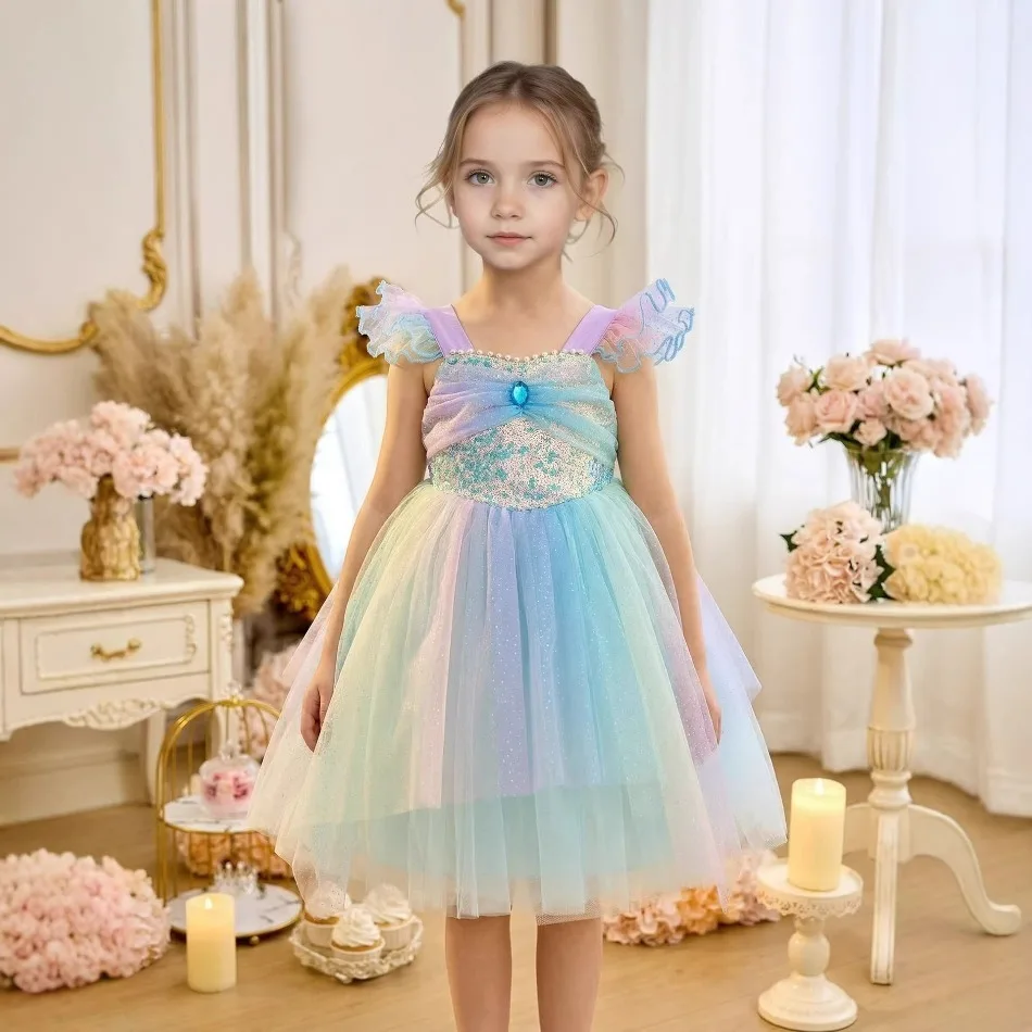 Girls Mermaid Princess Dress 2026 Summer Children Dress Little Girl Sequins Gradual Change Contrasting Color Princess XMZX65