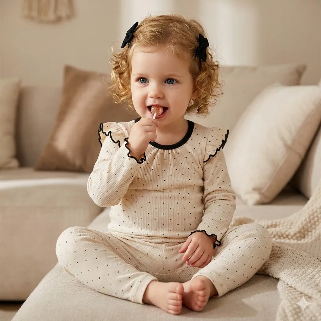 

SeasonSea пижамный комплект в рубчик для маленьких девочек с принтом сердца и рюшами, топ с длинными рукавами, брюки, 2 предмета, осенняя хлопковая детская одежда для сна, детская одежда