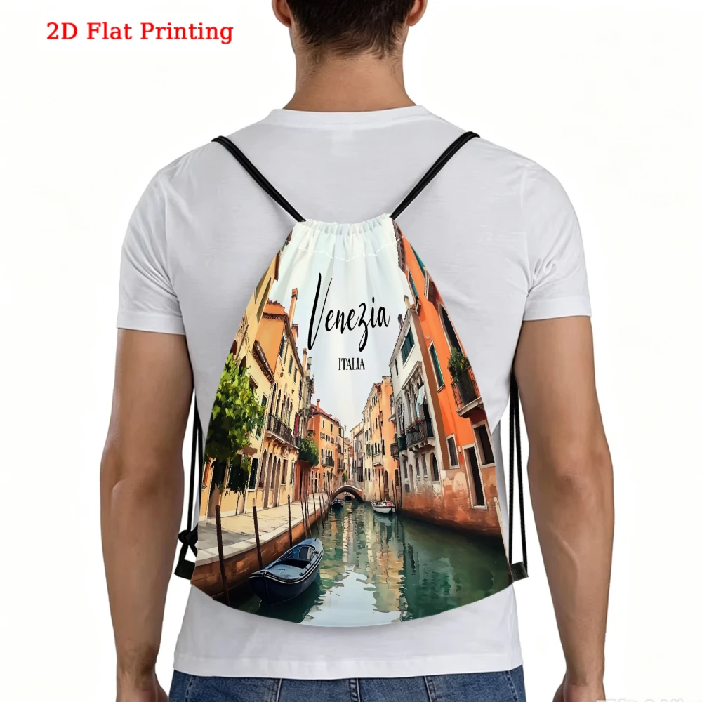 2D Flat Printing Venezia Italy Canal Scene, Vintage Style, Drawstring Backpack, Gym Sports Bag, Outdoor Travel Cinch Sack