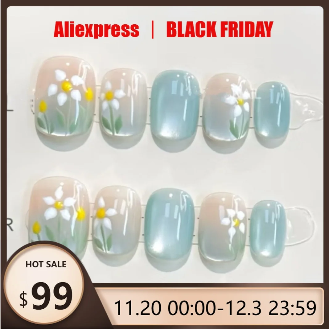 

10 шт. глянцевый пресс для ногтей ручной работы — короткая балетная форма, зеленый кошачий глаз, цветочный дизайн, многоразовые накладные ногти для женщин и девочек