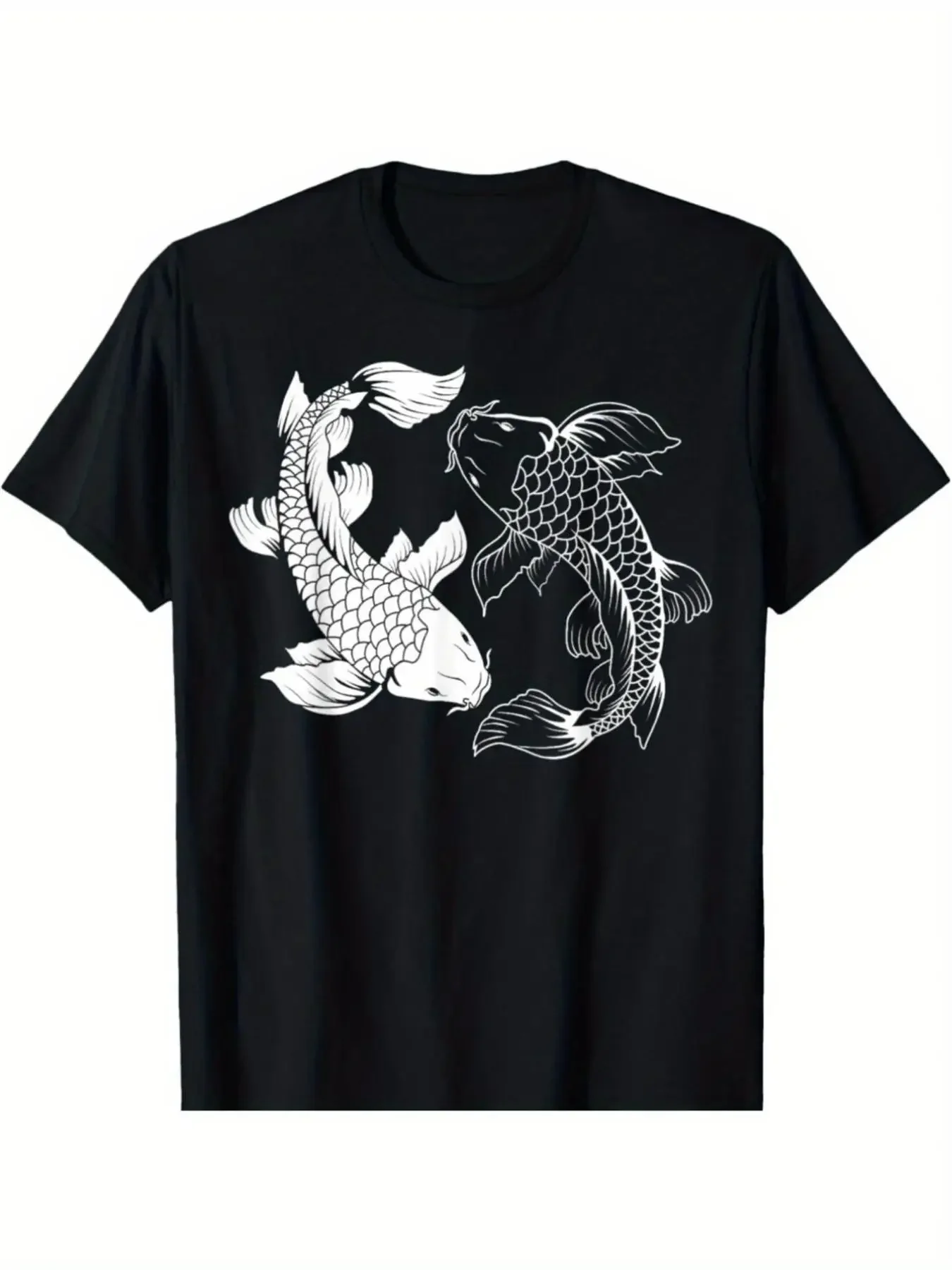 Yin Yang Japanese Koi Fish T-Shirt - Traditional Asian Design with Yin Yang Symbol And Koi Fish Circle, Short Sleeve Round Neck