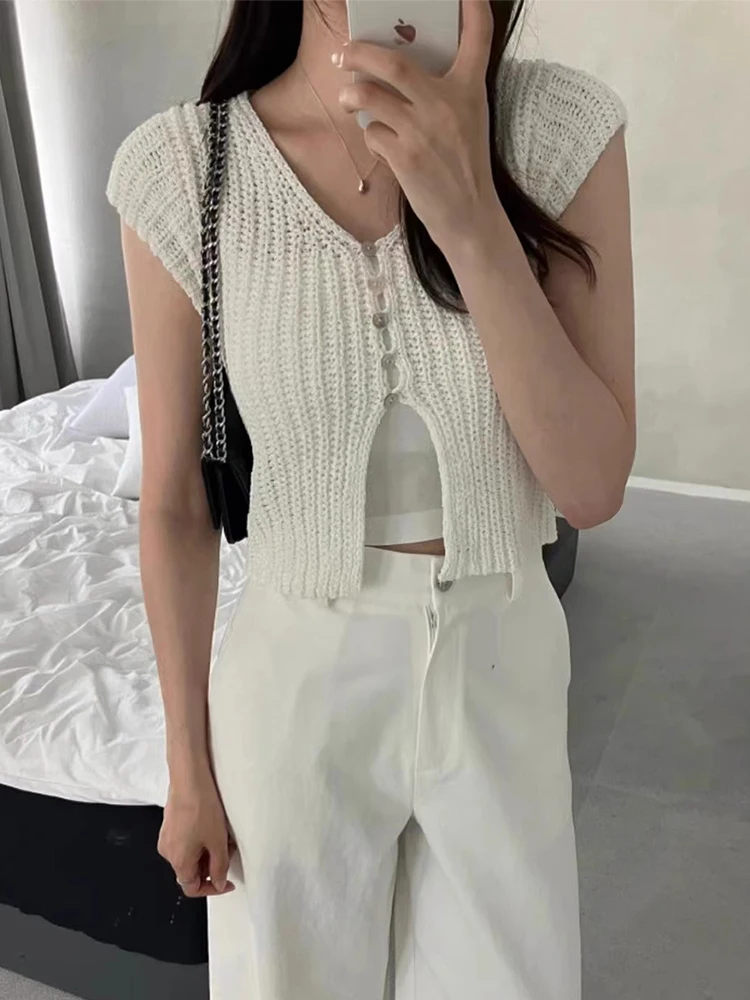 

Chic Summer Women's Knitwear ort Sve V-Ne Button Design Hollow out Slimming Faionable Korean Sle Commute Sle