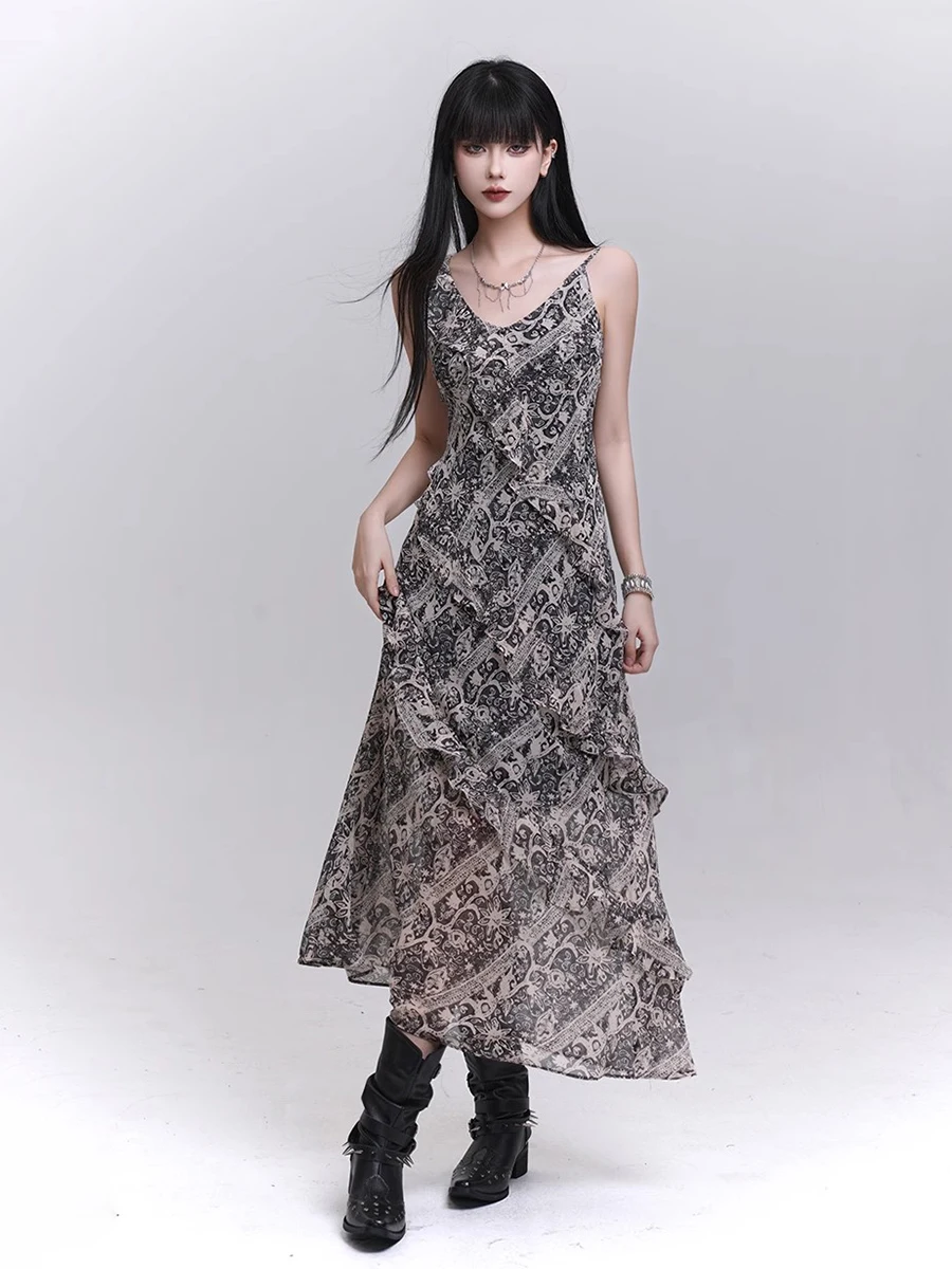 REDDACHiC Boho Tribal Print Abito a canotta da donna Vintage Profondo scollo a V Abito lungo drappeggiato con volant irregolare Abiti estivi per le vacanze