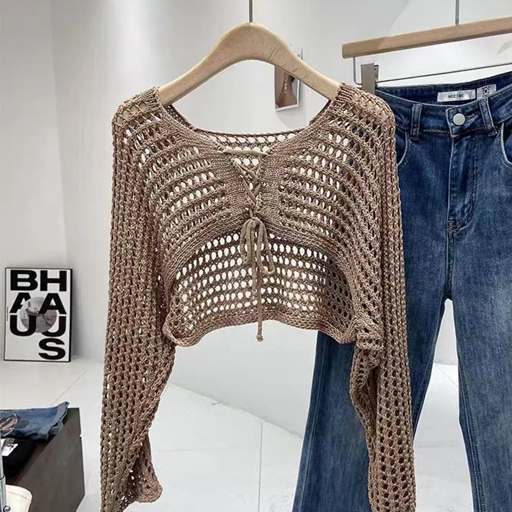 

Summer Hollow Out Sunscreen Cardigan Loose Short Style Knitted Cardigan Breathable Sun-protection Blouse Tops for Women