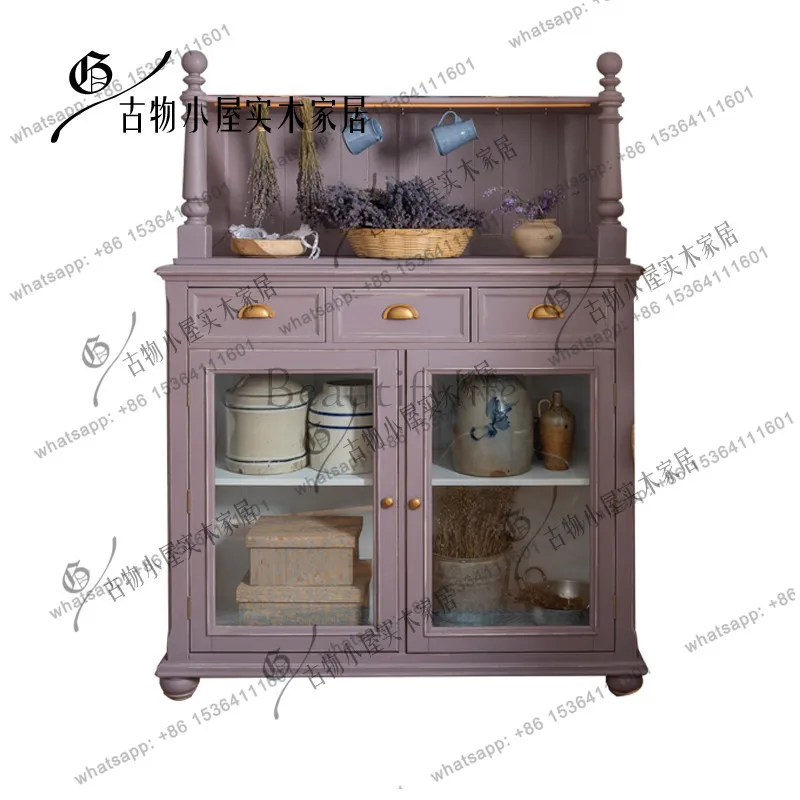 

French retro log dining side cabinet/wabi sandy wind solid wood storage and old storage cabinet
