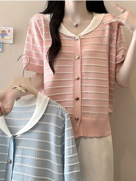 

plus Size Women's Korean Style Striped Doll Collar Ice Silk T-Shirt Summer New Slimming Casual Versatile Short Sleeve Top