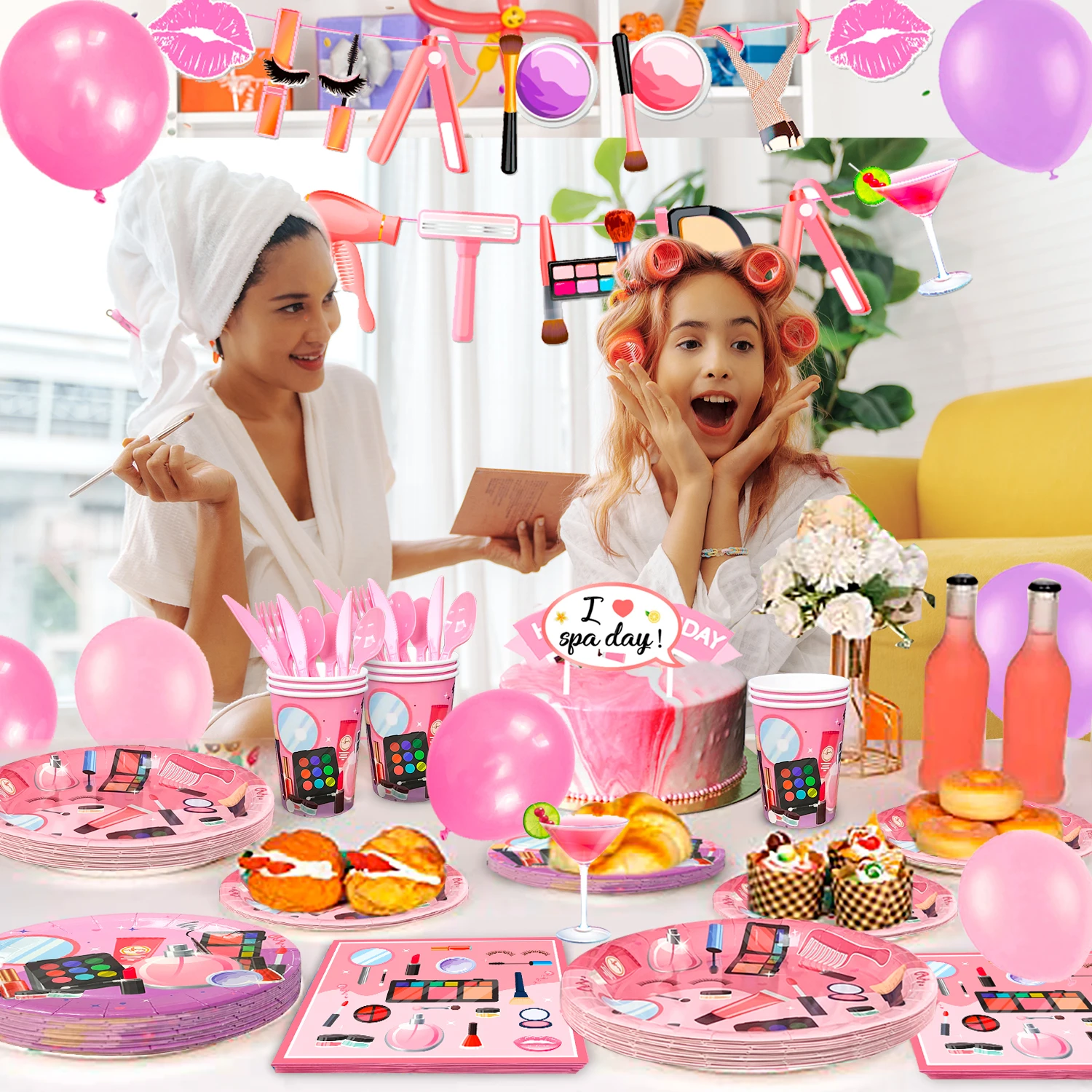 Makeup Birthday Party Supplies,165pcs Decorations Set - Makeup Theme Party Plates Cups Napkins Banner Balloon Props etc