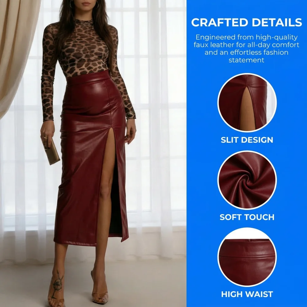 

Midi Faux Leather Skirt High Waist Midi Skirt with Slit Artificial Leather Skirt Slimming Fit Office for Work Daily Leisure Wear