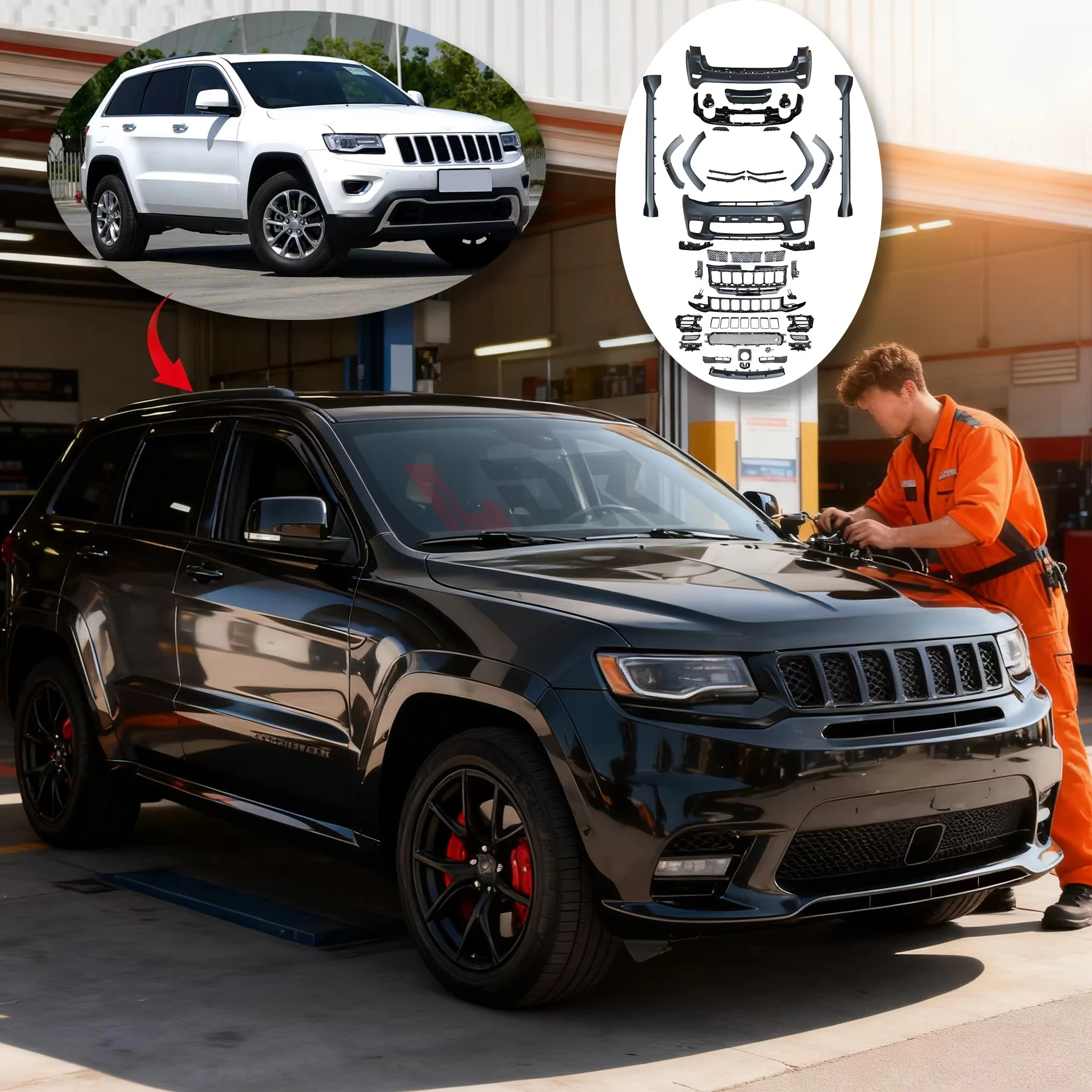 

Full Upgrade Set for Grand Cherokee 2013-2024 to SRT-8 Style Factory Direct Easy Installation with Bumper Side Skirt Grille