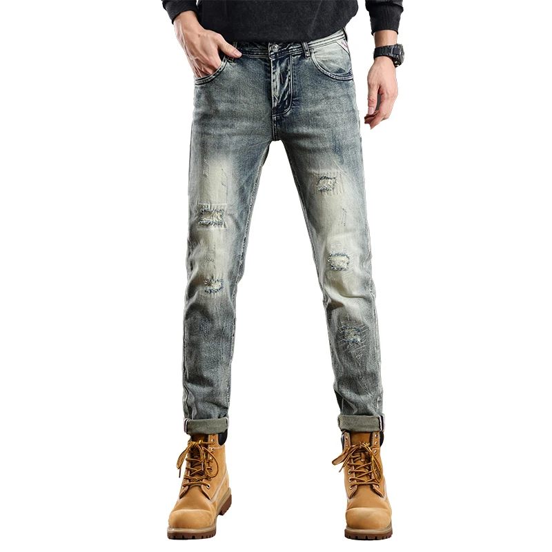 European and American retro distressed jeans men's slim fit small feet ripped casual pants skinny denim jeans streetwear men