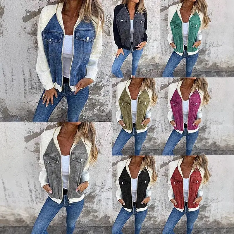 

Casual Faion oulder Sve Denim Patchwork Jaet Women's ort Outerwear Polyester Fiber Long Sve Summer 2024