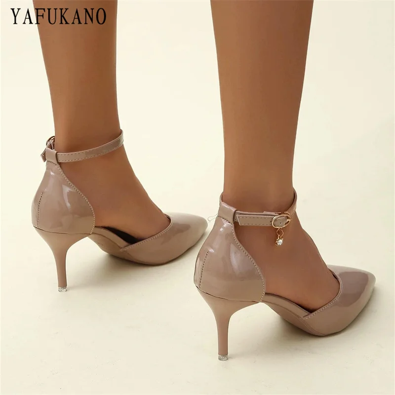 Nude Patent Leather Pointed Toe Ankle Strap Pumps 2024 Summer New Stiletto Mid Hollow Womens Sandals Sexy Party Dress Shoes