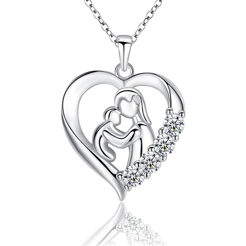 Lovely Mother and Child Are Concentric Pendant Necklace for Women Heart Inlaid Zircon Shiny Romantic Necklace Fine Jewelry Gift