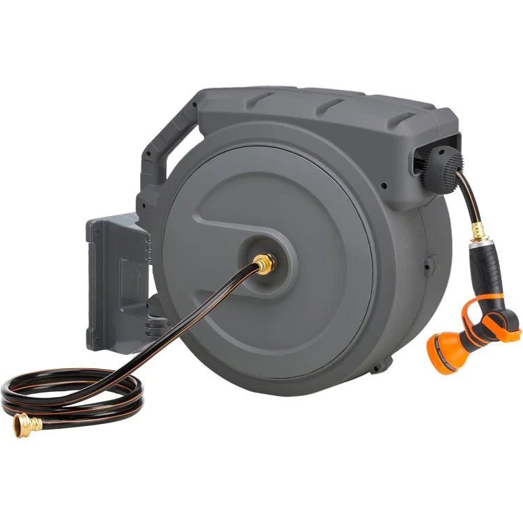 

Metal Retractable Hose Reel 130FT Wall Mounted Heavy Duty Hose Reel with 9 Pattern Nozzle 180 Deg Swivel