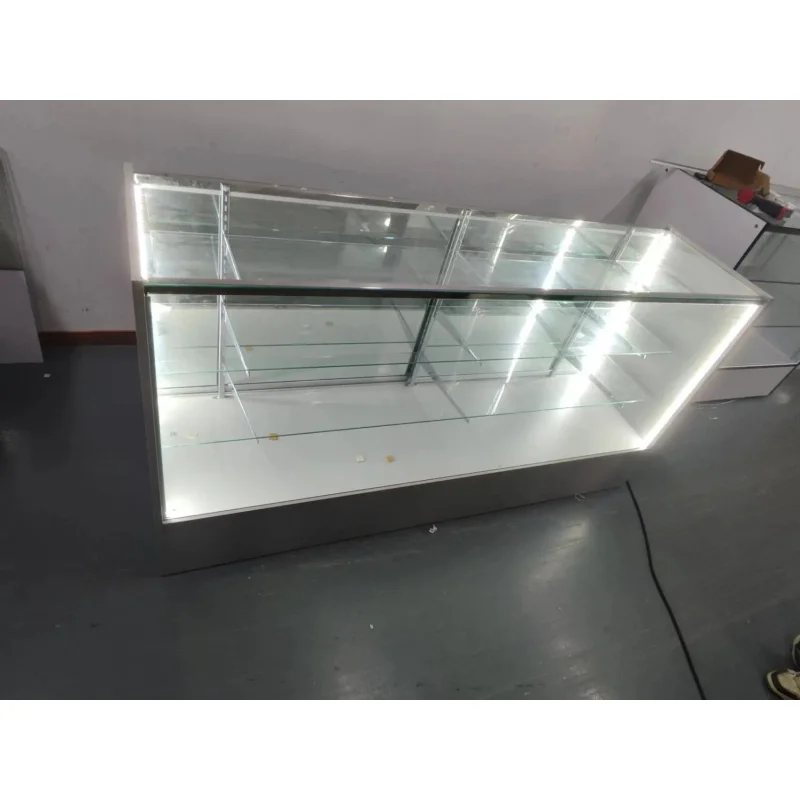 custom.6FT Full Tempered Glass Showcase Display Cabinet with LED Lighting Mirror Sliding Door & Design