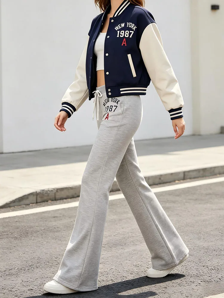 Retro college style printed micro flared sweatpants with elastic waistband and drawstring wide leg pants versatile for daily use