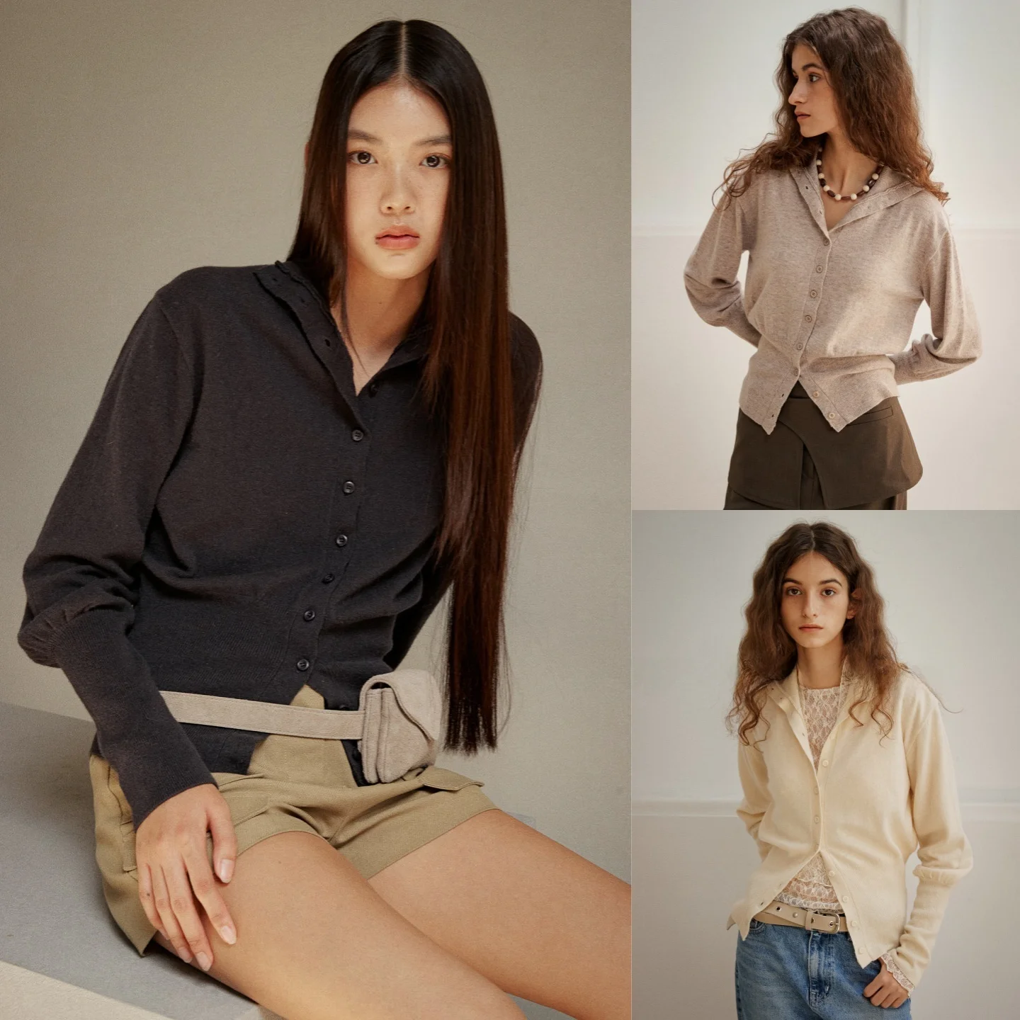 

Knitwear Korean Sle Stand Collar Commute Versatile Elegance Top Women's Long Sve Button up Pure Color Sweater