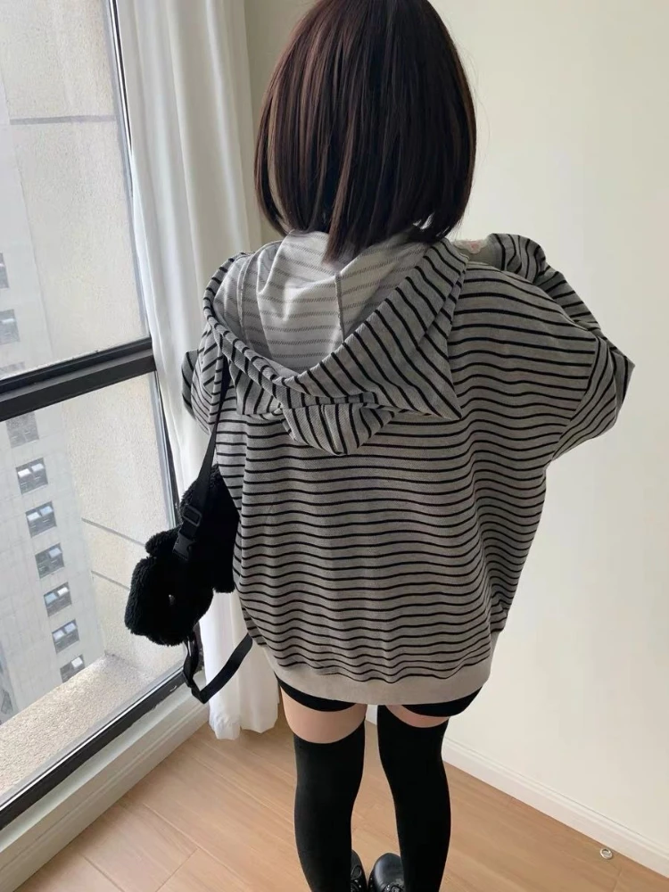 HOUZHOU Gray Cat Embroidery Women Hoodies Cutecore Striped Japanese Style Kawaii Sweet Zipper Sweatshirt Loose Cat's Ears Preppy
