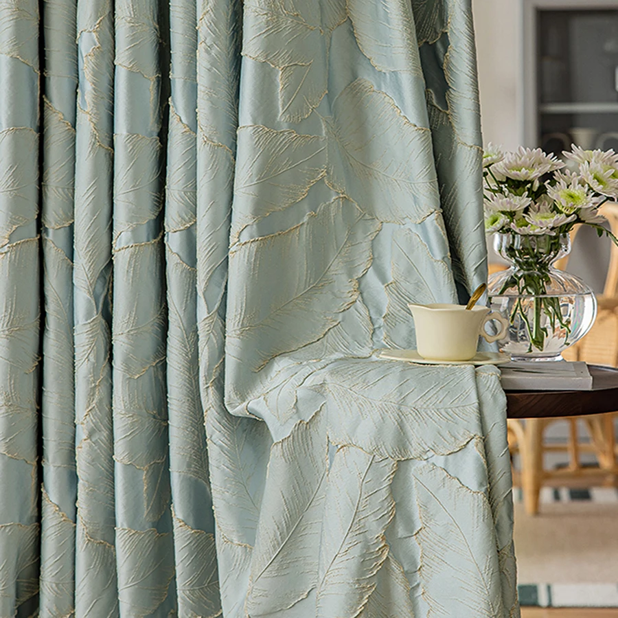 Jacquard Bronzing Relief Leaves Design Blackout Curtains For Bedroom,Luxury Exquisite Window Opaque Tulle Drape Living Room Deco