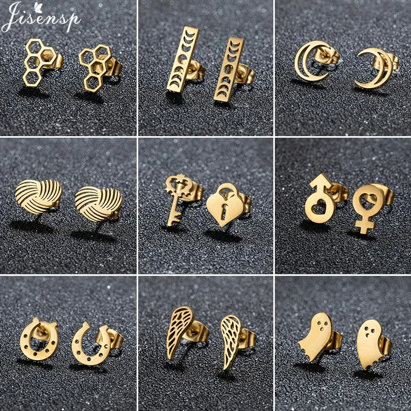 New Stainless Steel U Shaped Stud Earrings for Women Fashion Jewelry Honeycomb Heart Lock Key Wings Ear Studs Pendientes Gift