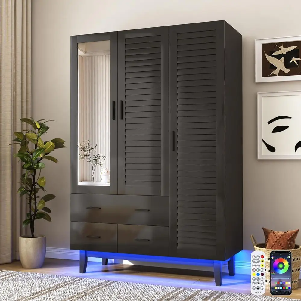 3-Door LED-Lit Armoire with Hanging Rod, Shelves, and Louver Doors - Large Storage Wardrobe for Bedroom (Black)
