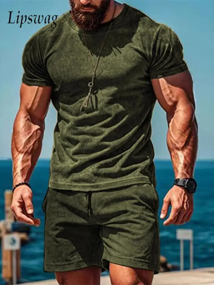 

Trendy Mens Short Sleeve Two Pieces Outfits Spring Spring Summer Casual Solid Color Suits For Men Fashionable Crew Neck 2Pc Sets