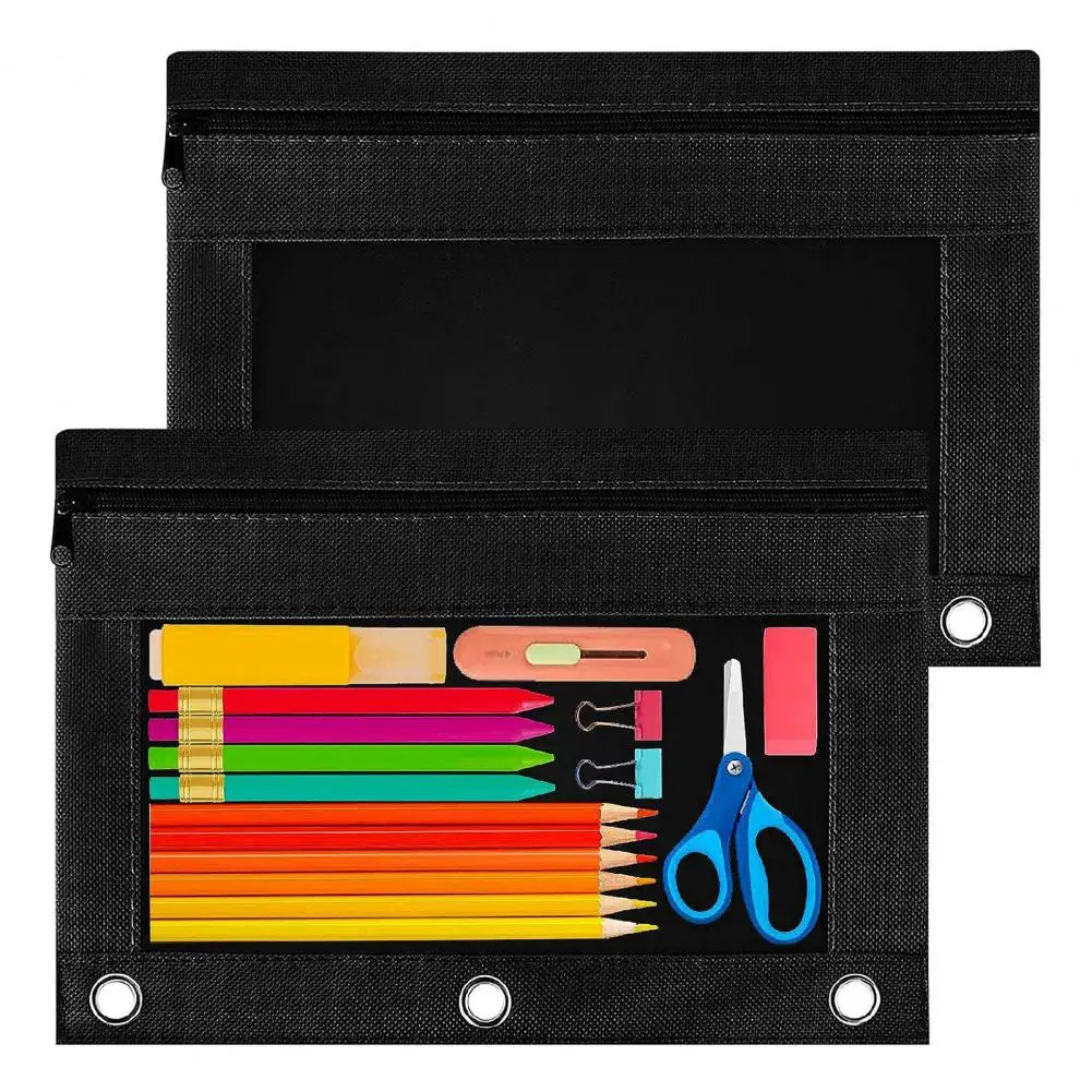 Pencil Case 3 Ring Binder Clear Window Design Zipper Closure Pen Storage Bag School Supplies