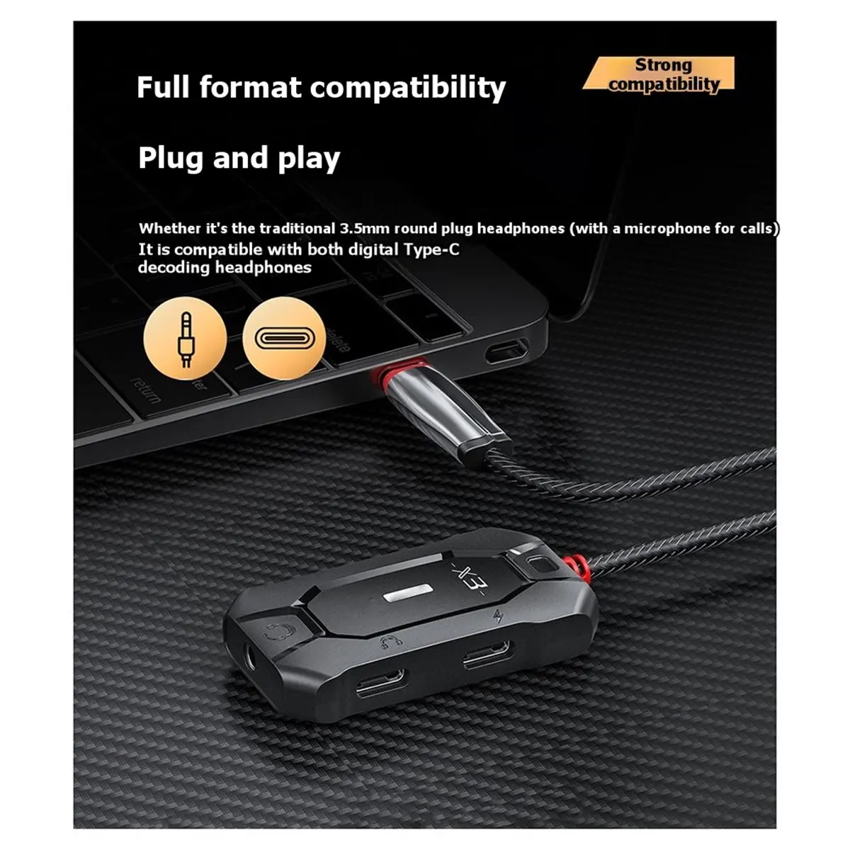 Suitable X3 3in1 Gaming Audio Adapter for Game Sound Cards, Compatible with Type-C 3.5mm Headphones, 60W Mobile Streaming