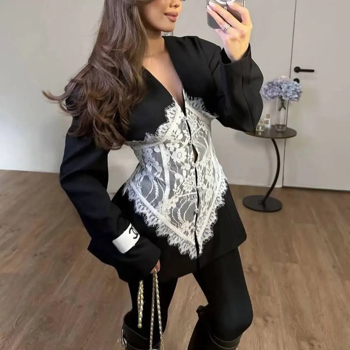 BJTZ 2026 Nuevo Blazer de Encaje en Contraste para Mujer, Negro y Blanco, Manga Larga, Cuello en V, Hombros Acolchados, Elegante, para Fiesta, Abrigo de Moda
