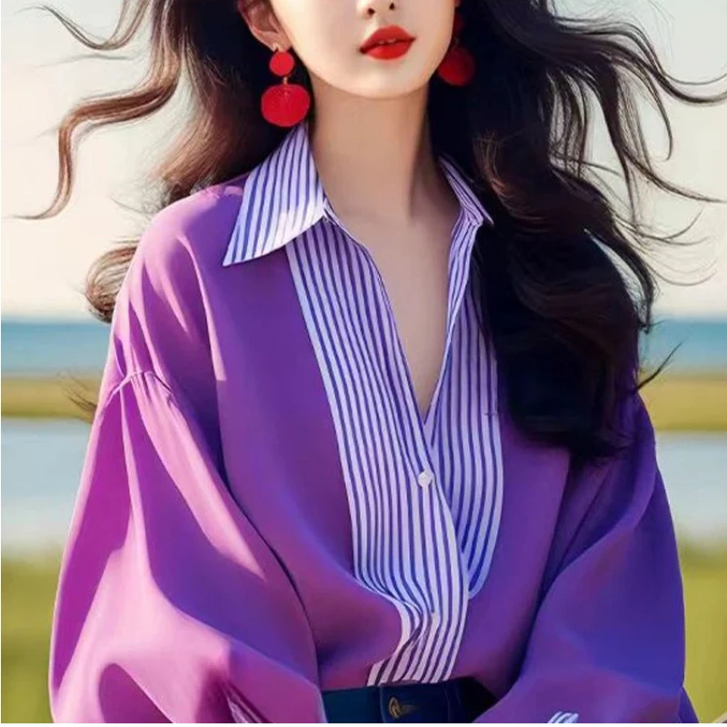 Purple Striped Patchwork Elegant Blouse Spring Autumn New Polo Neck Contrast Office Shirt Tops Temperament Fashion Women Clothes