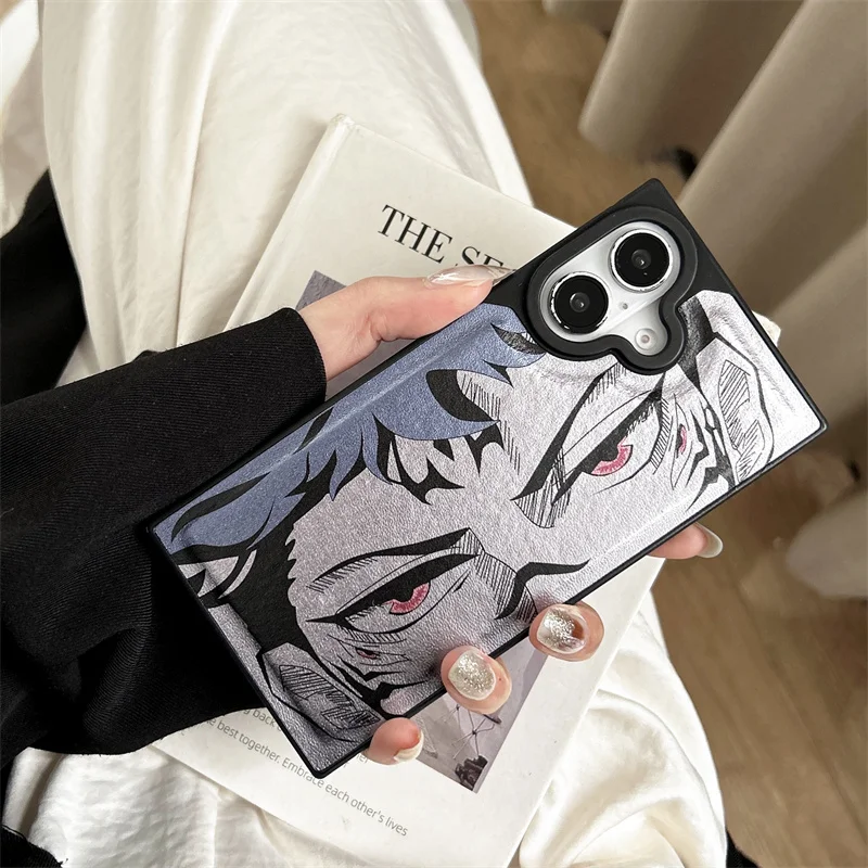 Luxury Leather Anime Jujutsu Kaisen Satoru Gojo Square Case For iPhone 16 15 14 13 12 11 Pro Max Plus Protection Hard Back Cover