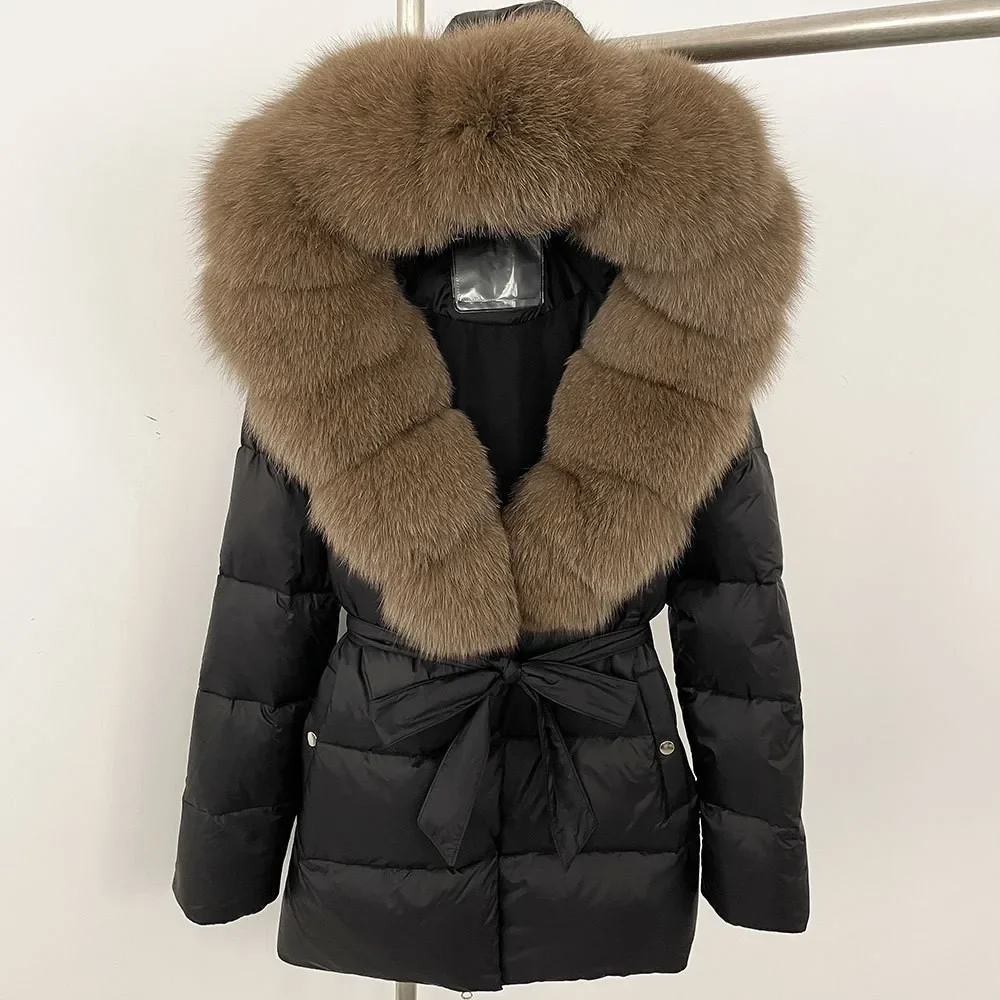 Manteau en duvet de canard blanc pour femme, veste bouffante, col en fourrure de raton laveur et de renard véritable, survêtement décontracté, bureau, hiver, 2024