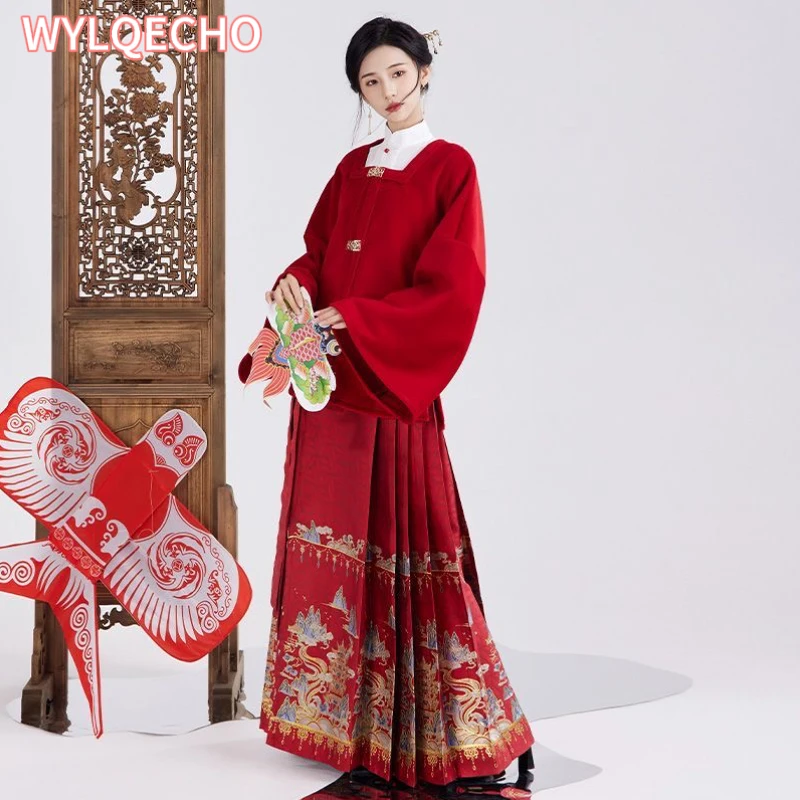 

Hanfu Woven Gold Horse Face Skirts Red Suit Improvement 2023 Spring Summer Hanfu Women's Skirt Femme New Year Clothing Suit