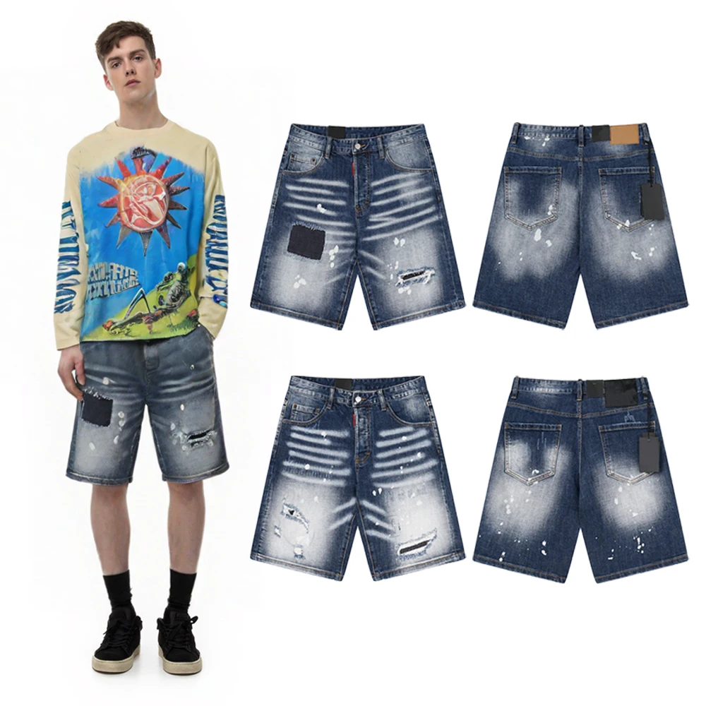 

Vintage Street Wear Clothing Shorts Denim Jeans with Distressed Hip Hop Street Style Cotton Casual Ripped Shorts Jeans for Men's