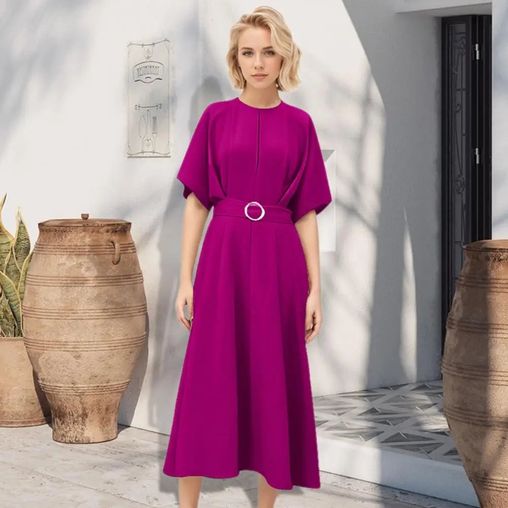 

Women Commute Dress Elegant Round Neck A-line Midi Dress Chic Belted Slim Waist Solid Color Short Sleeves Split Hem for Shopping