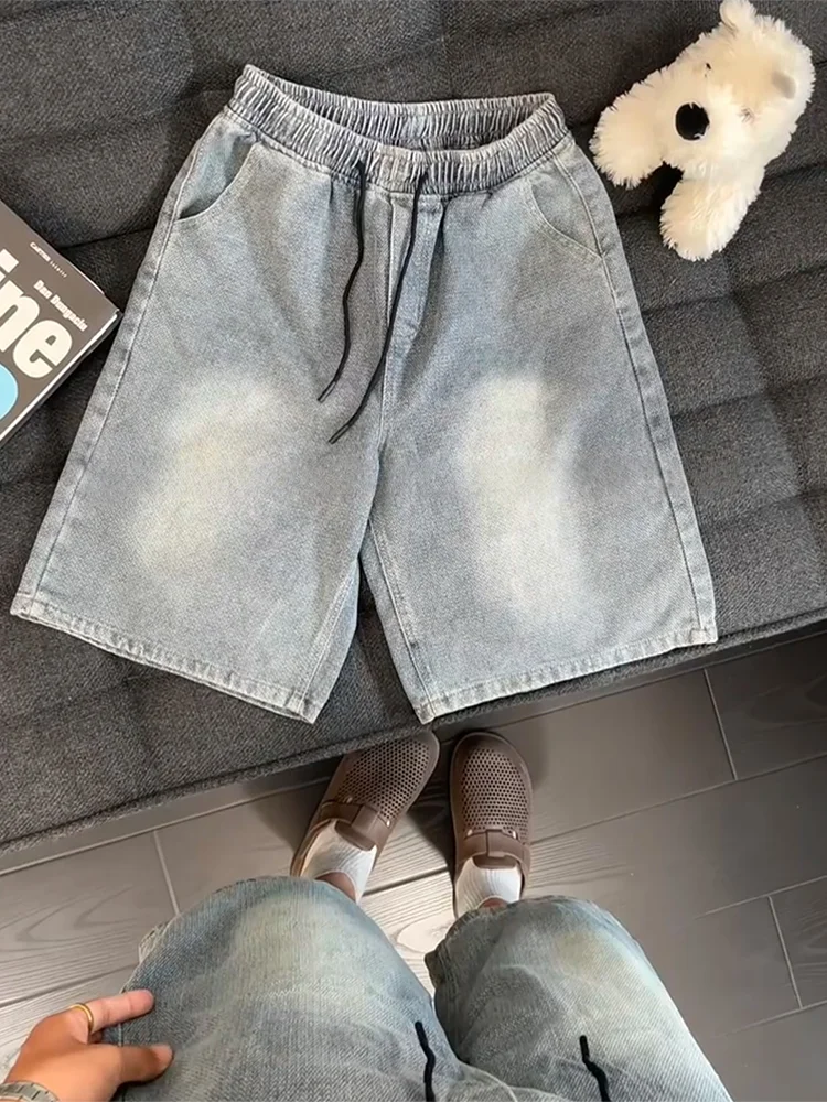 

Summer Men's Denim orts Casual High-Waisted Dstring Five-Point Star Pattern American High Street Sle Breathable orts