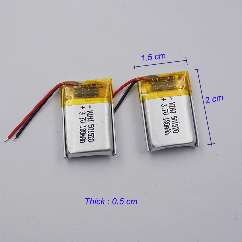 2pcs 3.7V 180 mAh Rechargeable Polymer Li Lipo Battery 501520 For Bluetooth Speaker Headphones GPS Sat Nav Driving Recorder Mp3