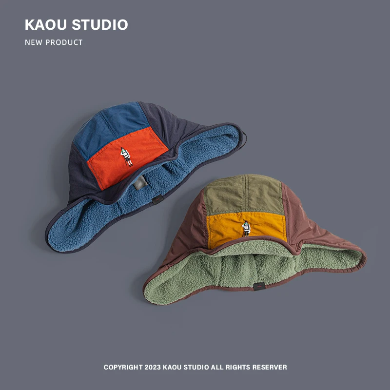 Japanese Five-panel Color Matching Embroidered Baseball Cap for Men and Women Winter Fleece Warm Ear Protection Ski Flight Hat