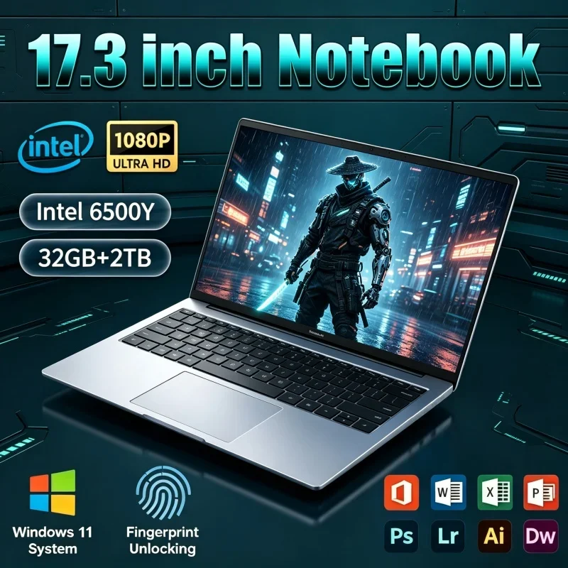 17.3 Inch Office Laptop Windows 11 Intel 6500Y 32GB RAM 2TB SSD Fingerprint Unlock Notebook All Purpose Computer