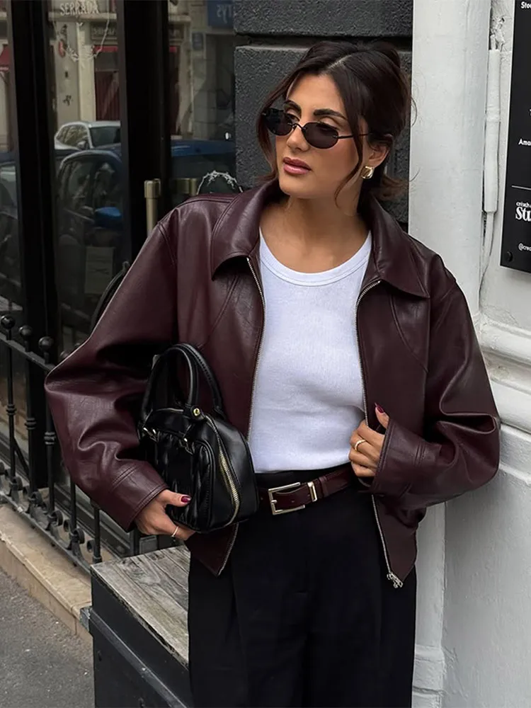 

Chic Zipper Lapel Wine Red Leather Jacket Women Casual Full Sleeve Cropped Slim Thin Motorcycle Coat Lady New Highstreet Outwear