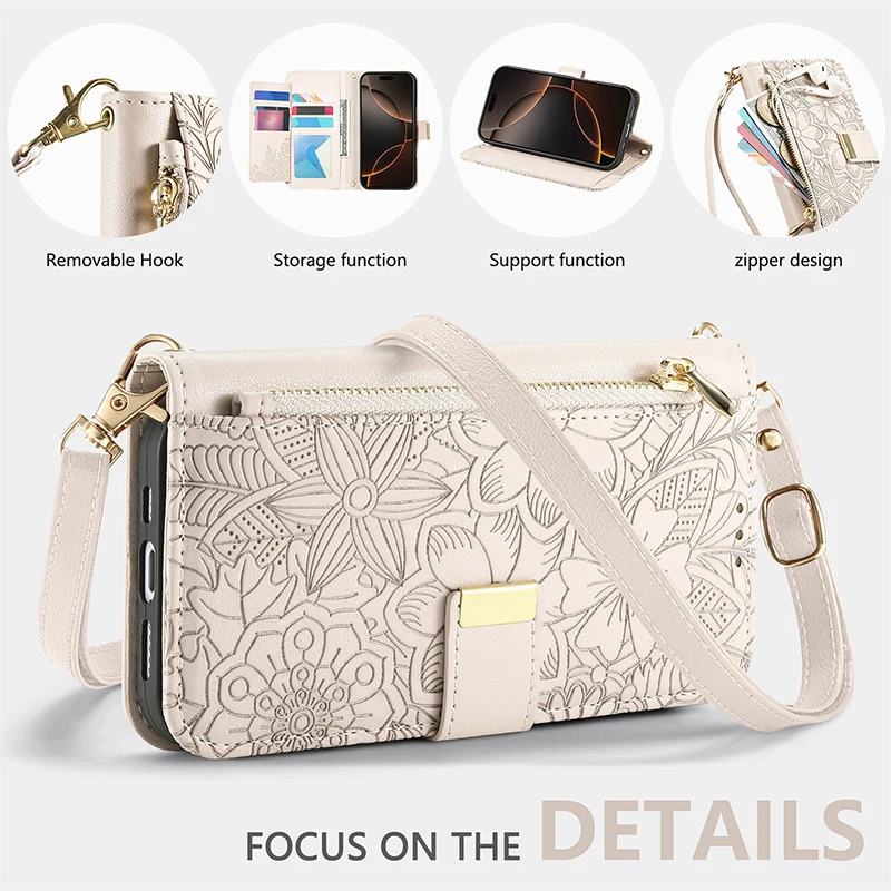 حافظة محفظة بطاقات كروس لهاتف سامسونج جالاكسي S25 FE S24 Ultra Plus S25Edge حافظة كاملة من الجلد مع حزام للرسغ