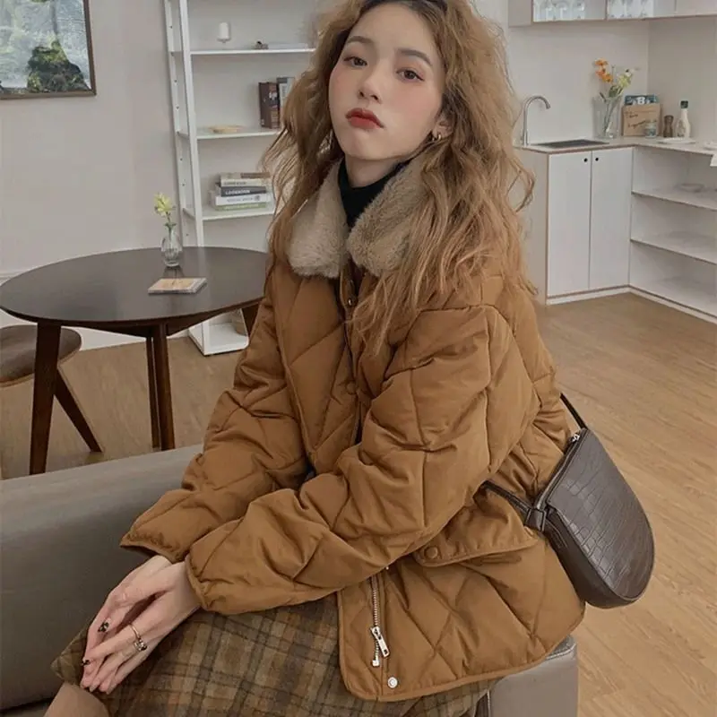 Loose Diamond Lattice Bread Clothing Women 2023 Fall and Winter Splicing Cotton Jacket Women Design Niche Cotton Parkas Female