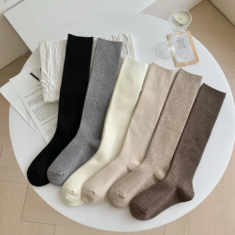 2 Pairs Fall Winter Thickened Soft Cashmere Knee-High Socks Korean Style Solid Color Warm Long Socks Stockings Wool Calf Socks