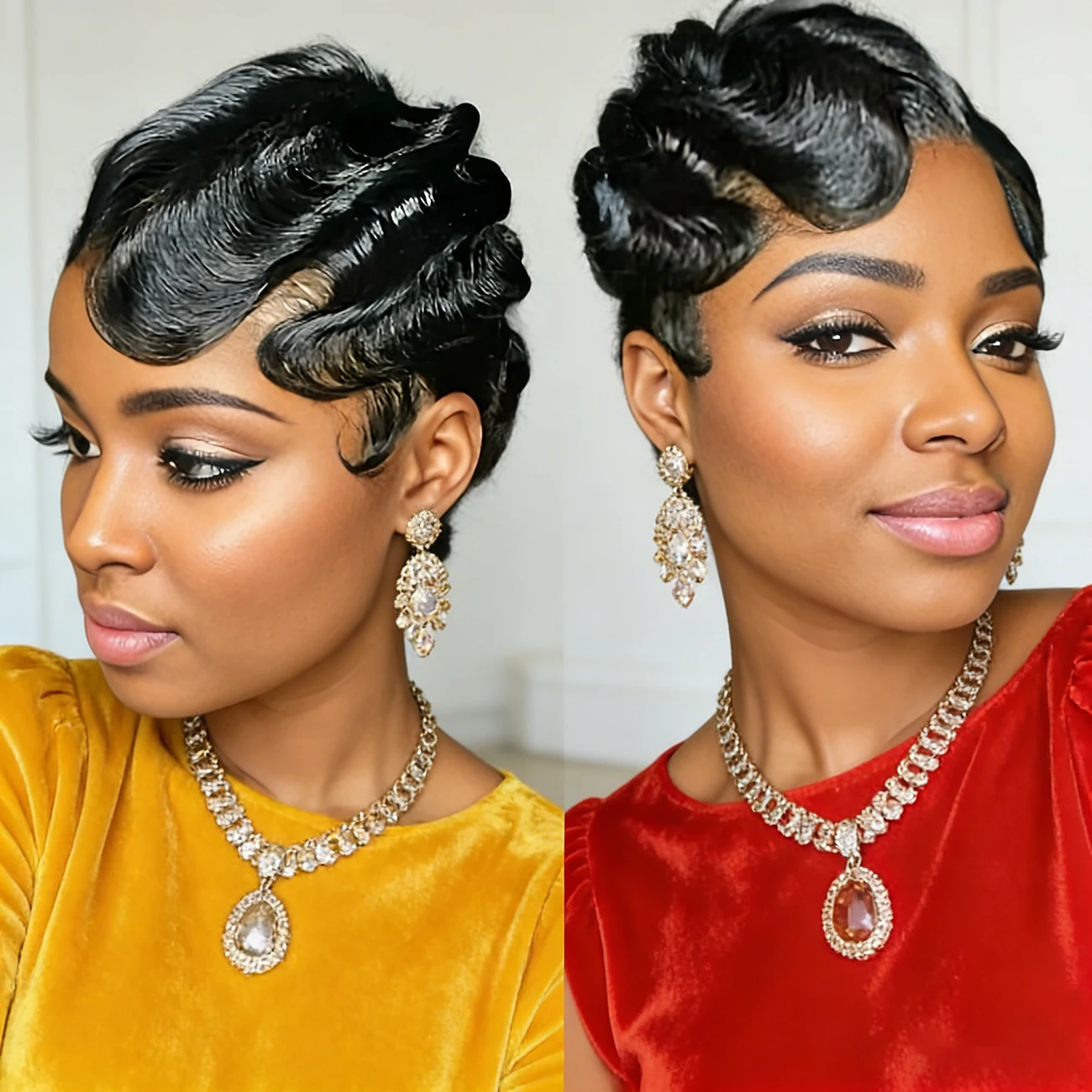 

Парик с глубокими волнами и эффектом фингер-волл, из натуральных волос, плотность 150%, короткий парик-пикси для женщин, полностью машинной работы, для повседневного использования.