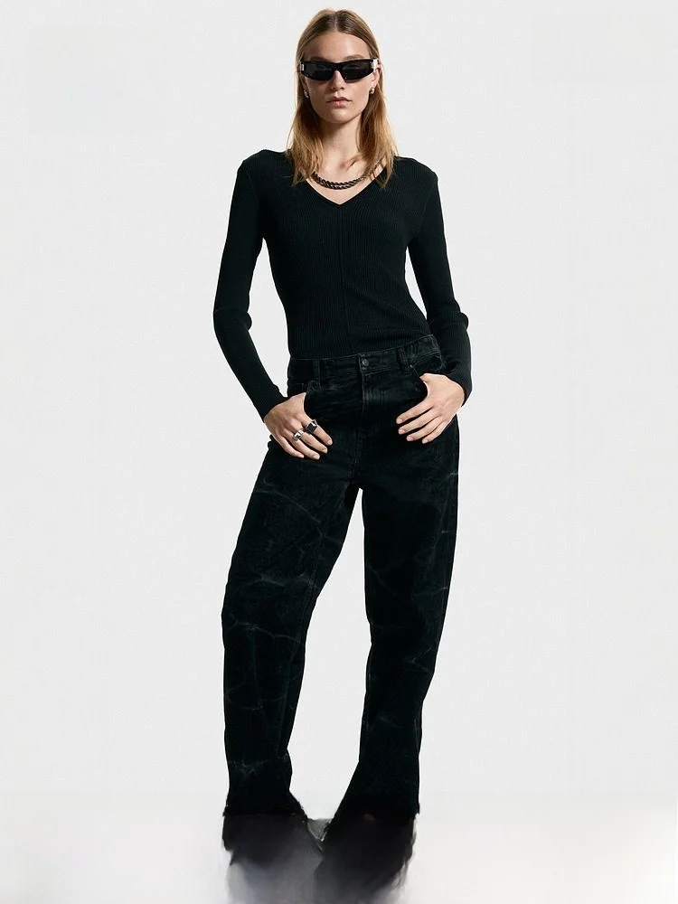 

H&M Women's Long Sve Knitted T-irt Slim Fit Festival Sle Casual Wear Metal Decorated Casual Faion Long Length Top