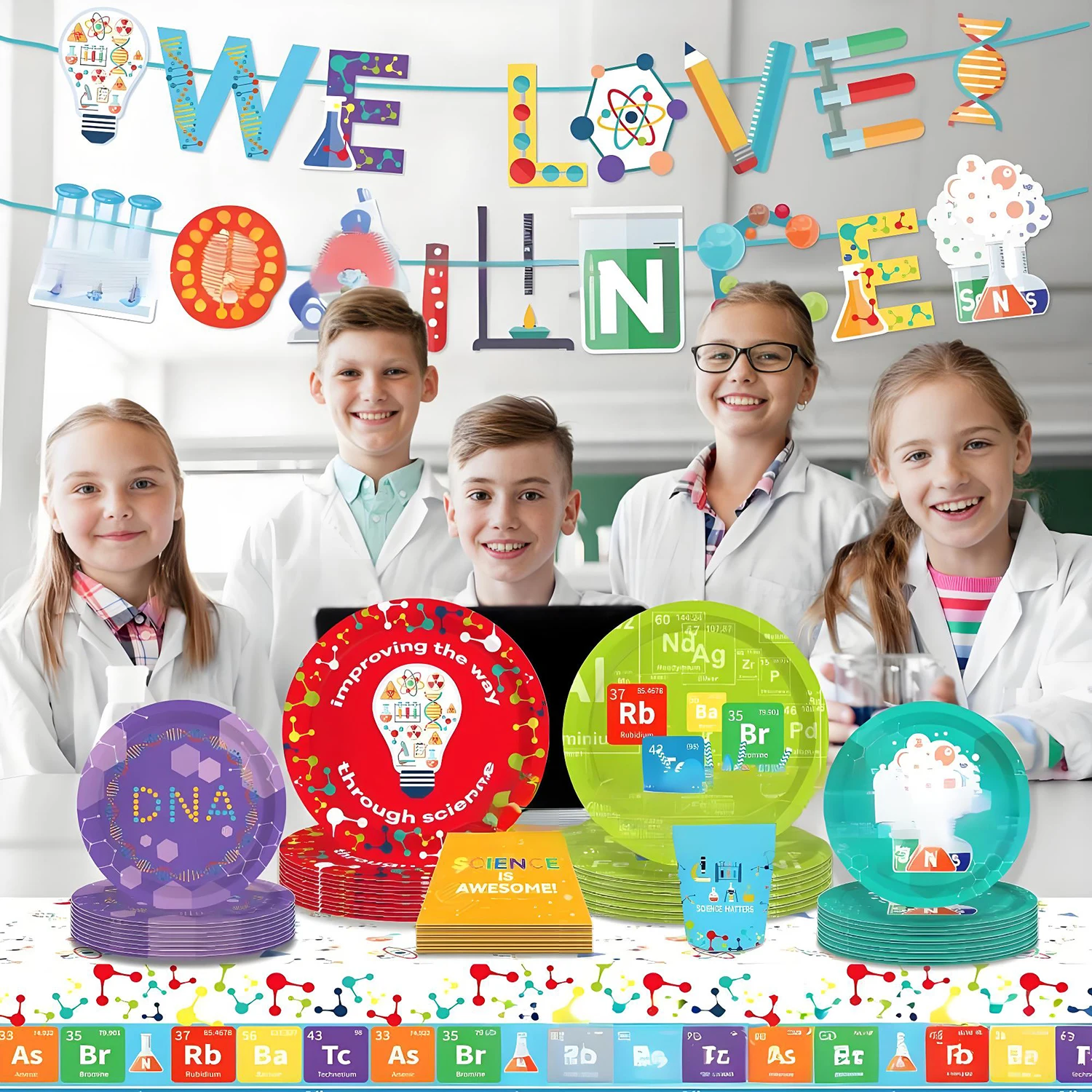 Cartoon Scientist Science Chemical Party Disposable Tableware Set Birthday Plates Napkins Cup Classroom Cultural Wall Decoration
