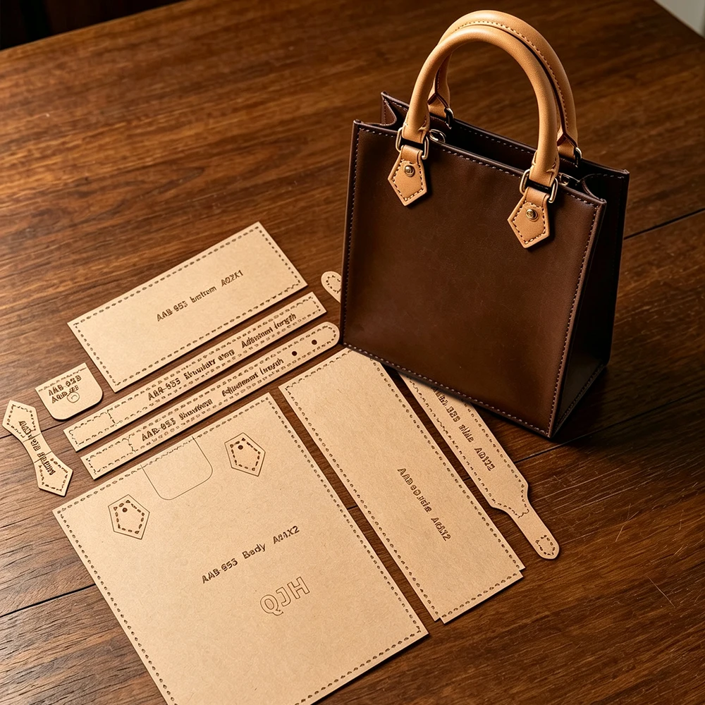 1 Set Mini-Handtaschen, Geldbörsen, Notenmappe - Kraftpapier-Vorlage, DIY Leder-Handarbeiten - Nähvorlage mit Löchern