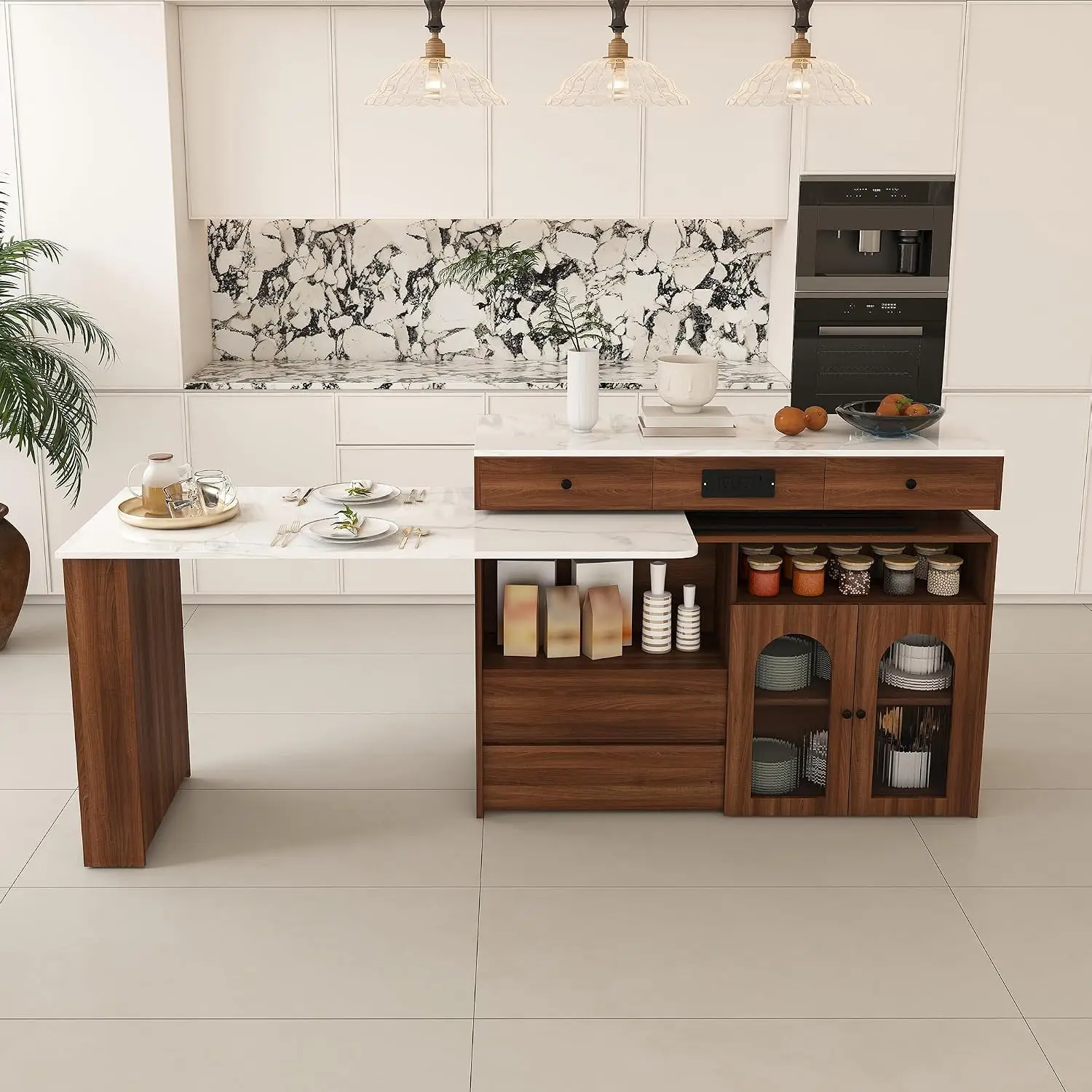 Extendable Rotating Kitchen Island 4 Drawers Glass Cabinet Socket Expandable Dining Station Space Saving Cart Walnut, Customized