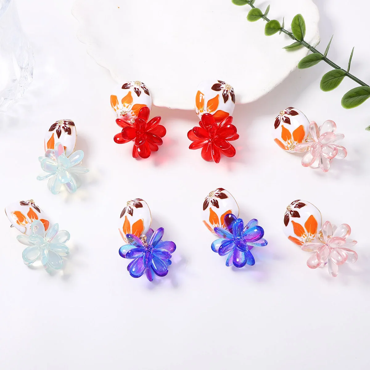 Boho Colorful Transparent Resin Dangle Earrings for Women Personality Vintage Enamel Hand‑Painted Flower Statement Jewelry Gift